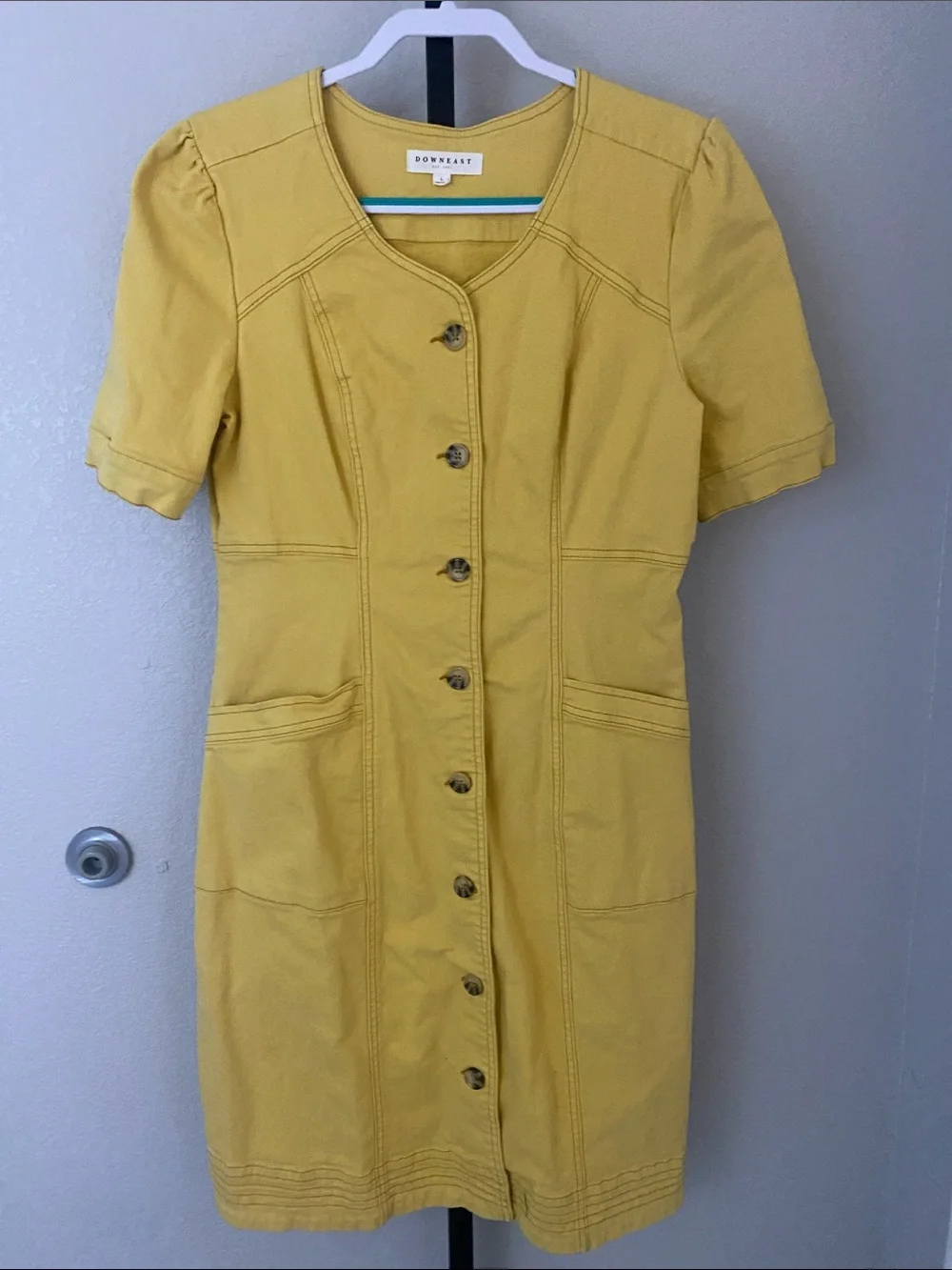 DownEast Mustard Yellow Button-Front Midi Dress stretch denim with pockets 🌻🌿🌼🌵